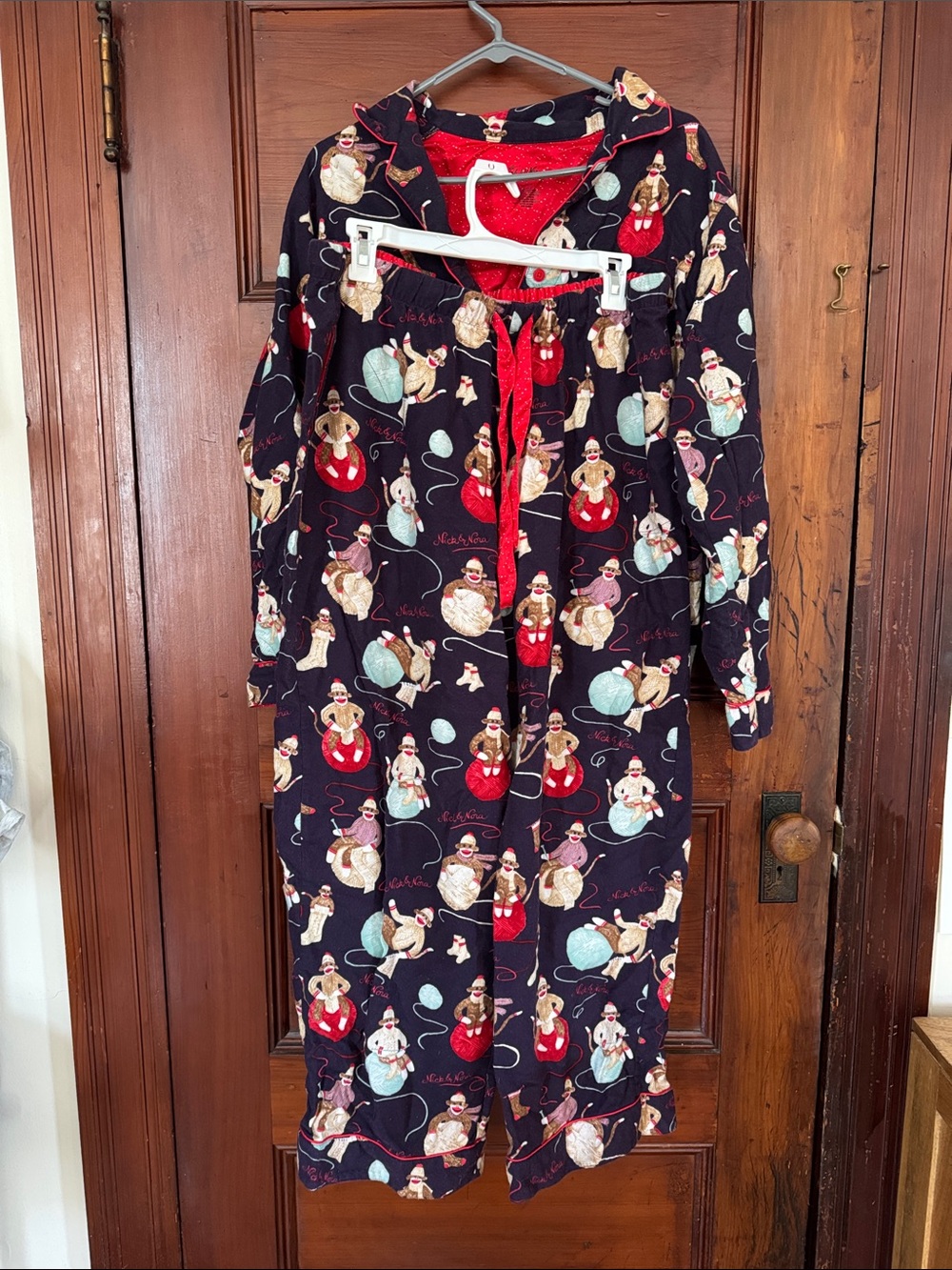 Nick and Nora flannel monkey and yarn ball pajama set size L